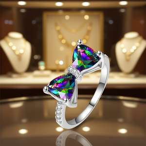 Glamorous Bowknot Cocktail Ring With Colorful Trillion Cut Crystal Rhinestones, 925 Silver Plated Alloy, Prong Setting, Women's - Product Image 2