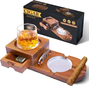 新烟灰缸杯垫威士忌玻璃托盘 & 带雪茄切割器的木制烟灰缸包括抽屉和雪茄槽