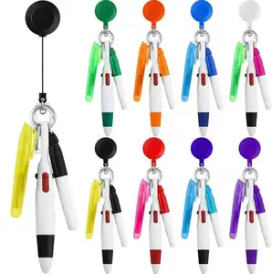 Retractable Pen Clip with Mini Highlighter Neon Marker Pen LED Key Chain Flashlight Key Ring Badge Reel Pen Set