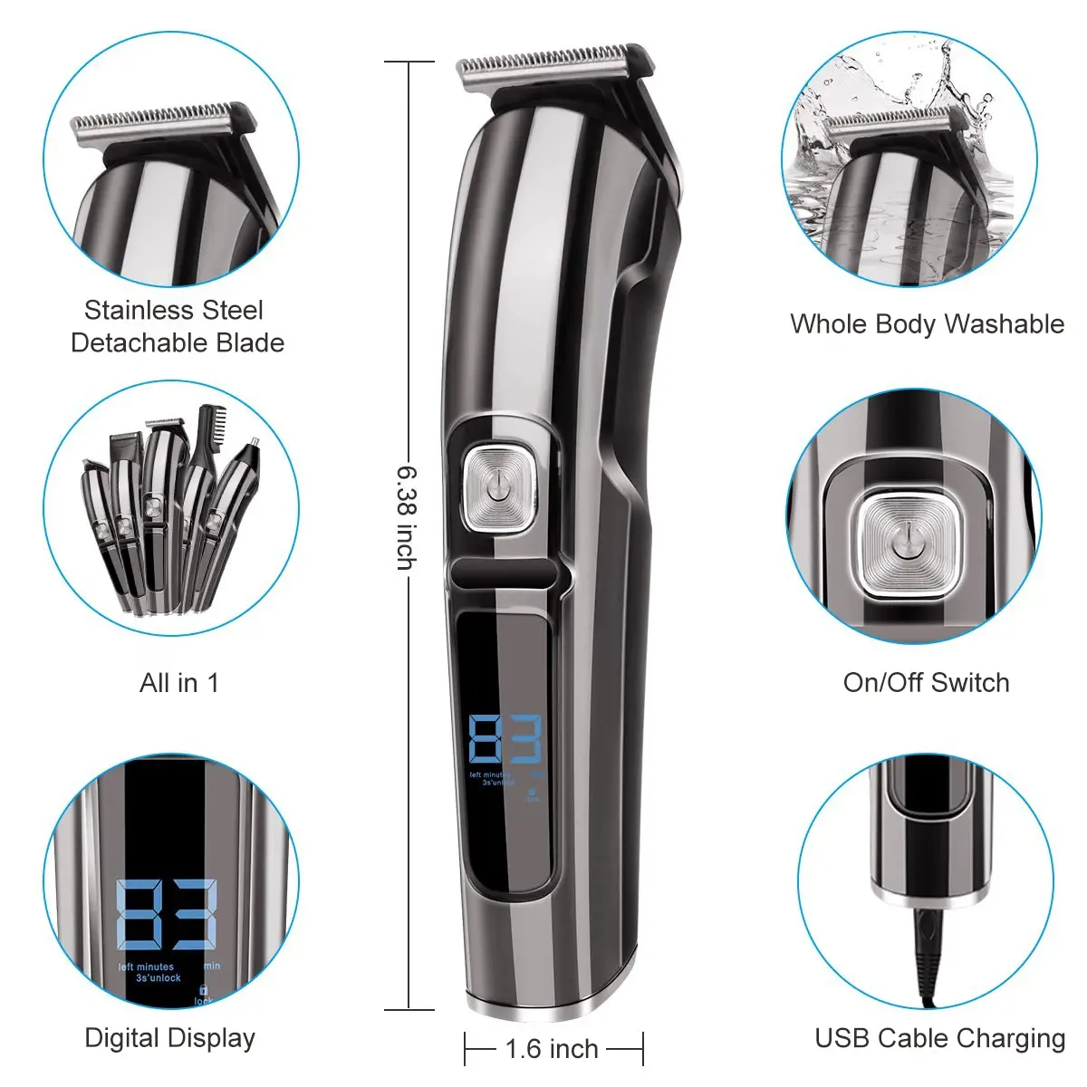 2024 Electric Hair Cutting Machine LCD Display Men's 6 In 1 Hair Trimmer Set Grooming Kit