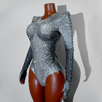Combinaison scintillante à strass avec épaulettes, manches longues, sans doigts, robe de danse de salon, costume sexy de drag queen pour scène