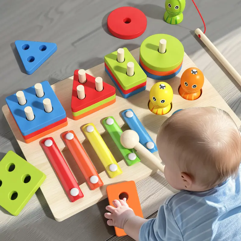 Jouet Montessori 3 en 1 blocs de tri en bois empilables avec jouets éducatifs sensoriels de pêche pour les tout-petits jouets empilables