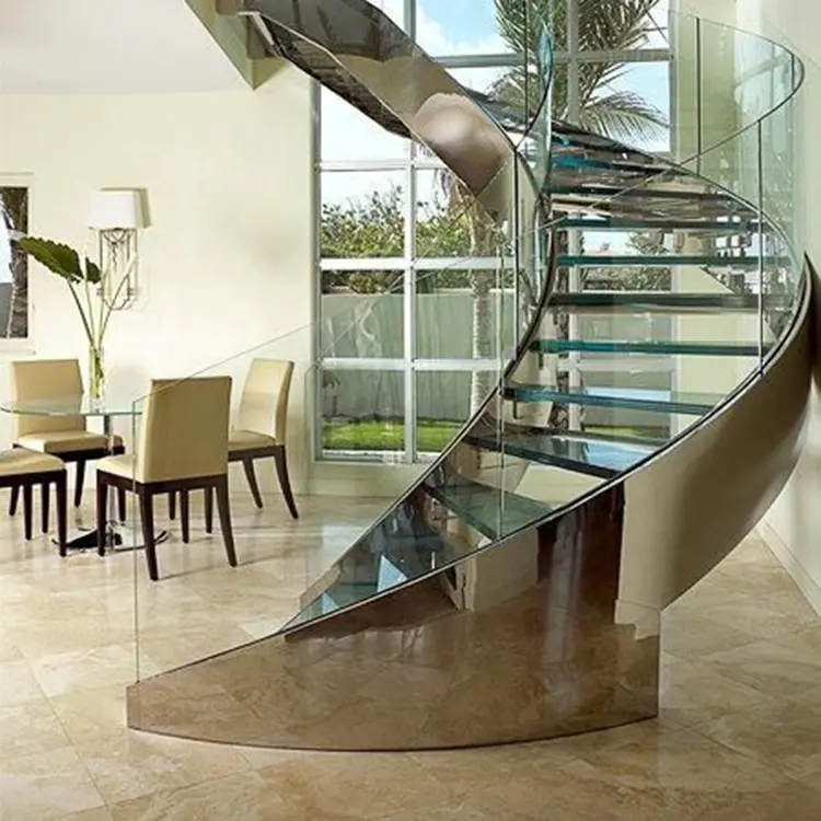 DAIYA glass curved staircase with tempered glass tread top handrail modern staircase