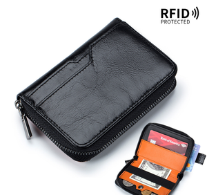 European American Retro Cowhide Men's Short <b>Wallet</b> First Layer with Zipper Closure Vertical Multi-Card Pull-Out <b>RFID</b> Card Bag - Product Image 3