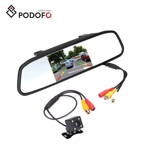 Podofo 4.3'' Car Rear View Mirror Monitor Car Reversing Aid with 4 LED Reverse Camera Night Vision Waterproof