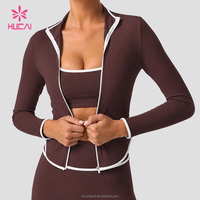 Chaqueta Deportiva Personalizada HUCAI, Ajustada, de Spandex y Nailon, con Cuello Alto, para Yoga, Gimnasio, Entrenamiento, para Mujer, con Ribete en Contraste y Cierre Completo