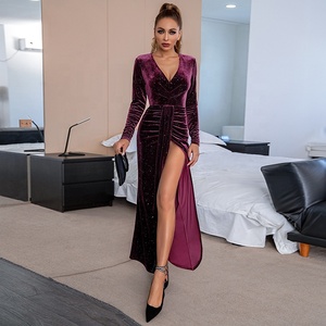 JF vendita calda Sexy <span class=keywords><strong>abito</strong></span> in <span class=keywords><strong>velluto</strong></span> a fessura alta vita nascosta scollo a v pieghettato autunno e inverno abiti a maniche lunghe abiti da sera per feste - Product Image 2
