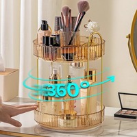 Boîte de rangement rotative en acrylique à trois niveaux avec cadre métallique rond, OEM ODM, en plastique avec niveaux rotatifs, organisation de luxe pour la vanité