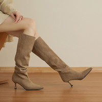 Bottes Western Vintage à Bout Pointu et Talon Aiguille pour Femme, Bottes Longues Automne Hiver 2026, Talon Haut de 6,5 cm, Bottes Montantes pour Femme, Taille 40, Marron
