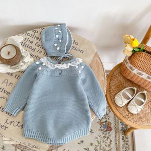 Engepapa setelan pakaian bayi perempuan baru lahir musim gugur pola Solid Romper bayi topi rajutan kancing jepret busana rajut tangan ODM - Product Image 4