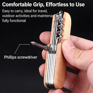 Couteau <span class=keywords><strong>suisse</strong></span> multifonction 11-en-1 avec manche en bois, outil de poche pliable avec couteau, ciseaux, ouvre-bouteille pour le camping et la survie - Product Image 5