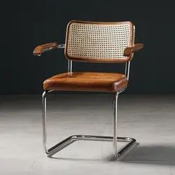 Sillas de Café de Estilo Clásico de Mediados de Siglo, Asiento de Ratán Metálico, Silla de Comedor de Acero Inoxidable con Cojín de Cuero - Product Image 6