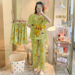 Conjunto de 3 Piezas de Pantalones Cortos de Verano para Mujer, de Seda de Leche Fina, Estilo Coreano, Ropa de Casa con Dibujos Animados, Pijama 3 en 1 para Mujer - Product Image 1