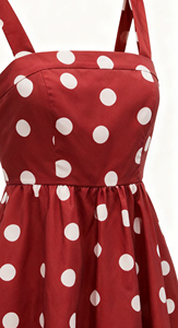 שמלת וינטג' נשית, קז'ואל, נושמת, אופנת רחוב, אדומה, באורך הברך, ללא שרוולים, הדפס נקודות לבנות, ארוגה, ODM - Product Image 6