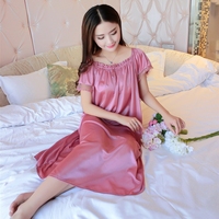 Robe de nuit décontractée en soie glacée pour femmes, manches courtes, dentelle, nœud décoratif, vêtements de nuit, longueur mi-longue, chemises de nuit d'été pour femmes