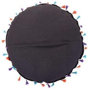 Coussin de sol en coton patchwork indien Khambadiya fait main de couleur noire avec pompons à prix avantageux - Product Image 2