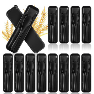 Ensemble de couverts en paille de blé, couteau, fourchette, cuillère, noir, biodégradable, pour les voyages, utilisation en plein air, réutilisable, écologique, avec étui de rangement - Product Image 1