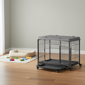 Cage pour chien PawHut en métal, 37 pouces, grise, pliable, avec plateau amovible et roulettes - Product Image 2