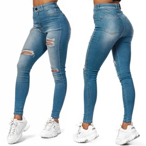 Wholesale OEM Stylish Cute Hip Hop <b>Denim</b> Stretchy High Waist Distressed <b>Blue</b> Washed Rips Skinny Women's <b>Jeans</b> - Product Image 2