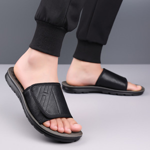 Pu <b>Slides</b> Open Toe Anti <b>Slip</b> Rubber Outsole Casual Men's Sandals Solid Color Embossed Logo - Product Image 4