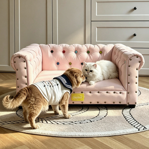 Lit pour animaux de compagnie de luxe en cuir avec rivets colorés, logo personnalisé, cadre en bois massif, surélevé, lavable, pour chiens et chats - Product Image 1