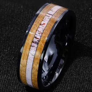 Custom logo fine jewelry wholesale bulk Whisy Wood inlay tungsten men rings