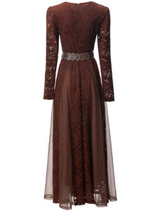 Robe tendance Bettergirl automne-hiver 2025, rouge jujube, sexy, col en V, manches longues, patchwork, grande jupe évasée, ceinture à la taille creuse - Product Image 3