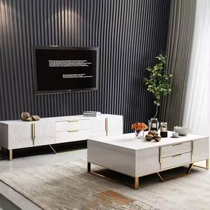 Meubles de salon modernes et luxueux Table basse blanche avec <span class=keywords><strong>pied</strong></span> en acier inoxydable noir Plateau en verre Meuble <span class=keywords><strong>TV</strong></span> Panneau en bois - Product Image 4