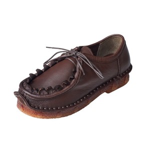Nouvelles Chaussures Décontractées pour Femmes, Style Ethnique Rétro, en Cuir de Vachette Fait Main, à Semelle Souple, à Lacets, Bouche Profonde, Modèle Paresseux - Product Image 5