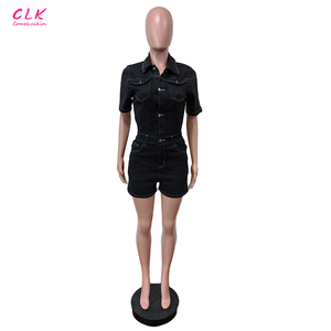 Venta al por mayor personalizado <span class=keywords><strong>negro</strong></span> Denim sólido elasticidad Delgado mamelucos mujeres cuello vuelto botón manga corta <span class=keywords><strong>vaquero</strong></span> bolsillo <span class=keywords><strong>mono</strong></span> - Product Image 3