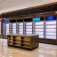 Solución Integral para Tiendas de Tabaco: Estantería de Pared LED en Nogal Oscuro, Mostrador de Isla de Vidrio con Detalles Dorados, Mobiliario para Tiendas de Cigarrillos Duty Free