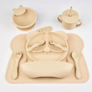 Juego de alimentación de silicona para bebés con forma de oso, plato, tenedor, cuchara, tazón con ventosa, apto para lavavajillas, utensilios de comedor para niños - Product Image 1