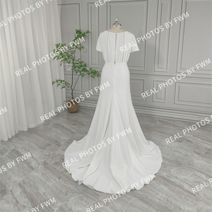 Fotos reales <span class=keywords><strong>de</strong></span> alta calidad Simple cuello barco suave satén vestido <span class=keywords><strong>de</strong></span> <span class=keywords><strong>novia</strong></span> elegante mujer manga corta vestido <span class=keywords><strong>de</strong></span> <span class=keywords><strong>novia</strong></span> con botón <span class=keywords><strong>de</strong></span> perlas - Product Image 2