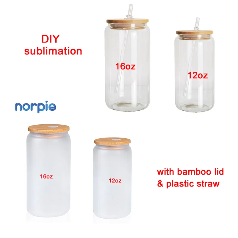 AGH 16oz Frosted Sublimation Glass Cups with Bamboo Lids and Straws, 5 Pcs  Beer Can Glass Straight Sublimation Glass Tumbler, BPA-Free Glass Coffee