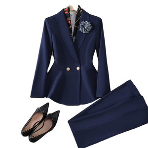 Professionnel bleu <span class=keywords><strong>marine</strong></span> tissé tissu travail costume femmes <span class=keywords><strong>femme</strong></span> printemps automne pour hôtels Salons de beauté bijoux magasins bouton manteau - Product Image 1