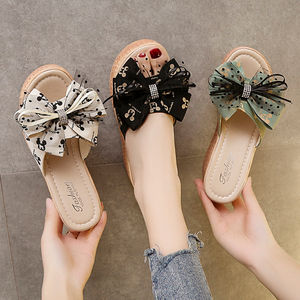 Mules compensées pour femmes, version coréenne, avec nœud papillon et fleur, talons hauts rehaussants, chaussures tendance - Product Image 5