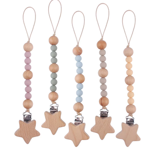 Vente en gros de chaîne porte-sucette étoile anti-perte en chaîne perles de silicone de qualité alimentaire pinces à sucette bébé en bois lisse - Product Image 1