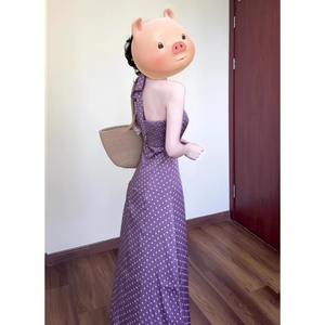 Retro Polka Dot <b>Halter</b> <b>Neck</b> Tea-Length Chiffon <b>Dress</b> for Women <b>Purple</b> Elegant Natural Waist Slimming Breathable Pencil - Product Image 4