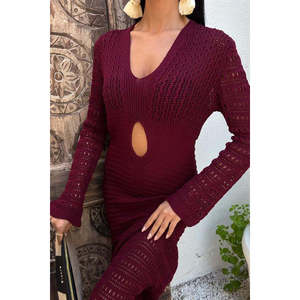 Elegante Vestido Ajustado de Punto con Escote en V Profundo, Aberturas y Cintura Ajustada, Transpirable, para Fiestas y Uso Casual - Product Image 1