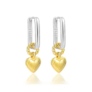 Pendientes de gota de corazón de dos tonos, pendientes de aro originales de Plata de Ley 925 para mujer, regalo de joyería geométrica