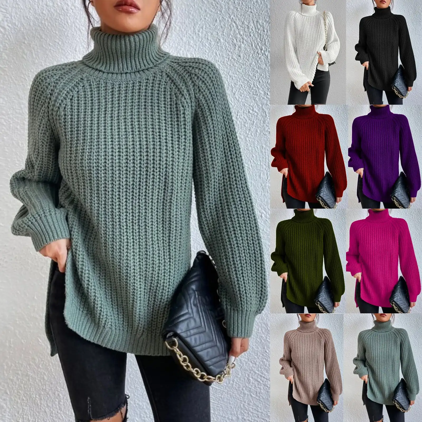 Sweater rajut wanita, Turtleneck wanita gaun panjang Sweater rajut Pullover musim dingin Sweater ukuran Plus wanita standar 1 Set Nonwoven