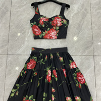 Ensemble robe 2 pièces pour femmes, robe longue en mousseline de soie imprimée roses noires avec camisole en soie, tenue élégante pour soirée d'été
