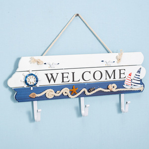 Welcome Sign Coat <b>Hooks</b> <b>Wall</b> Mounted 33x15x85cm Pine Wood With Seashell Design For Entryway And Foyer Decorative Hanger - Product Image 2