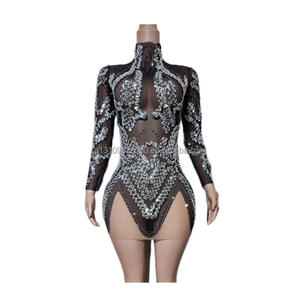 Senxi Falda Corta Negra de Malla con Brillos y Diamantes de Imitación, Cuello Alto, Estilo Envolvente, para Desfile, Bar, Actuación de DJ, Disfraz - Product Image 1