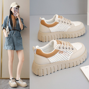 Baskets à plateforme en maille beige pour femmes, chaussures décontractées respirantes à lacets pour printemps et été - Product Image 5