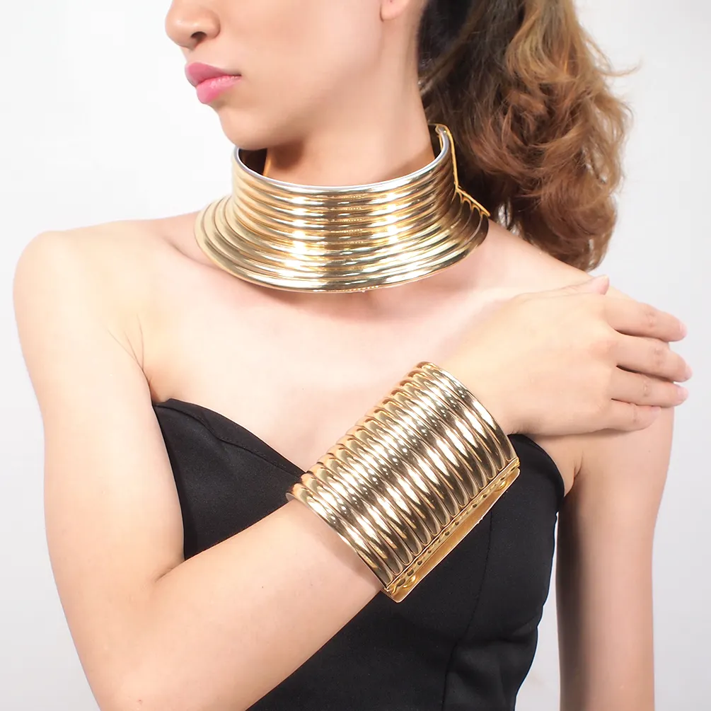 Oversize Vintage Leather African Jewelry Set Women Necklaces Bracelets Set Indian Statement Choker Bijoux Gold Color