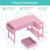 Bureau d'ordinateur d'angle rose pour filles avec tiroirs de rangement, prise électrique, bureau d'étude compact pour chambre à coucher