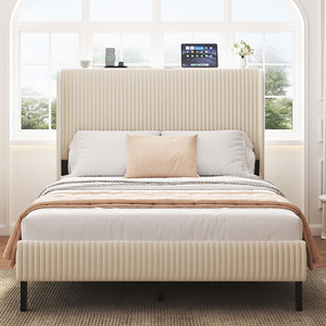 Modern Full <b>Size</b> Adjustable Storage Platform <b>Bed</b> with Wood <b>Frame</b> and Charging Station No Box Spring Needed (Beige) - Product Image 2