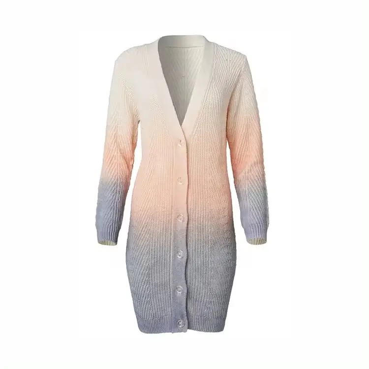 Fornecimento de serviço personalizado OEM/ODM casaco longo de cor mista com gradiente de cor lisa casaco de malha casual para mulheres