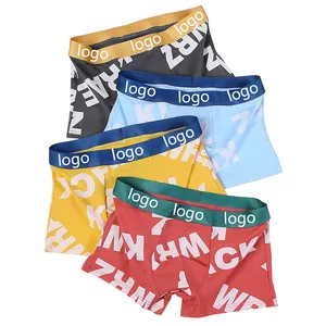 Cuecas boxer masculinas estampadas de moda com logotipo personalizado na cintura, cuecas de algodão com etiquetas personalizadas para homens